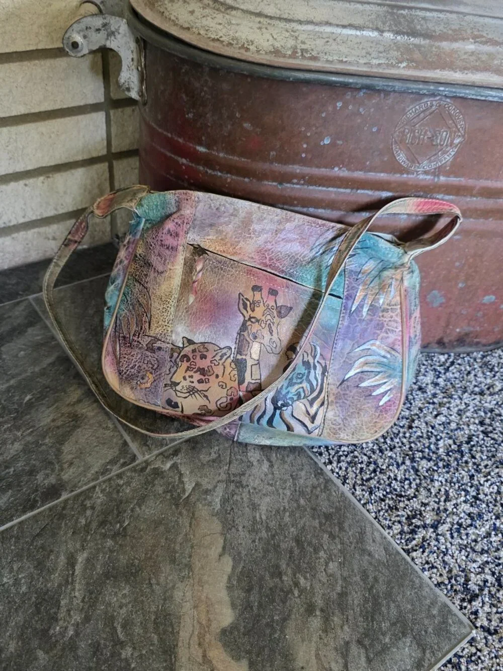 Vintage The Animal Hand-Painted Leather Safari Bag 80s India Boho Purse